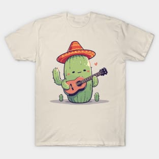 Sombrero Cactus Playing Guitar. Spook Cute Mariachi Monster. T-Shirt